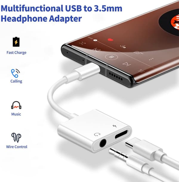 USB C til 3,5 mm hodetelefonkontaktadapter, hurtiglading og musikk Aux-lydkabel
