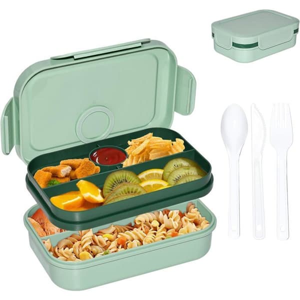 Bento-boks med bestik og flere rum til salater, dip, snacks; 2-lags madkasse