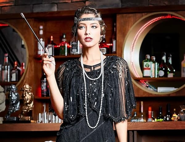 Dame Sjal 1920'erne med Perler og Pailletter, Art Deco Aftenkappe Bolero Flapper Top