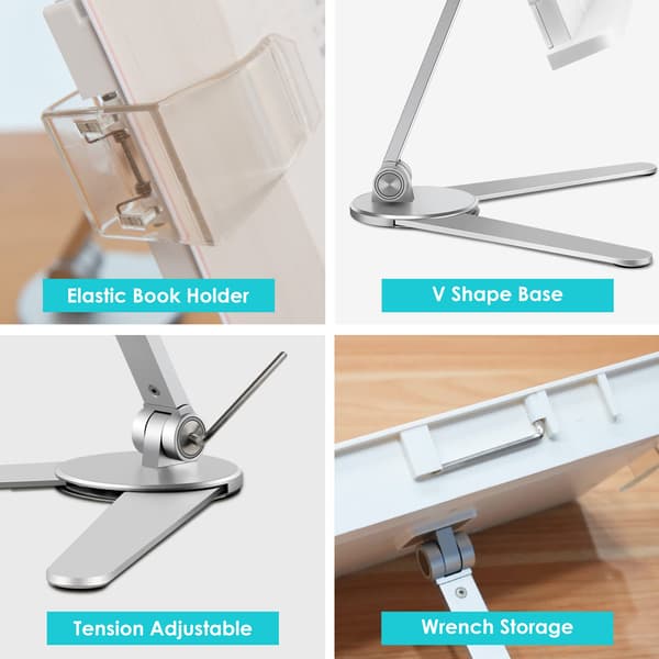 Book Stand, Cookbook Holder Desk Reading, Adjustable Height and Angle, Aluminum Alloy, Foldable and Portable