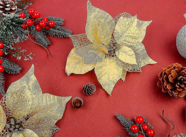 12 Stykker Kunstige Juleblomster Julestjerne Glitterpynt Glitrende Juleblomster Paljettblomster Jul
