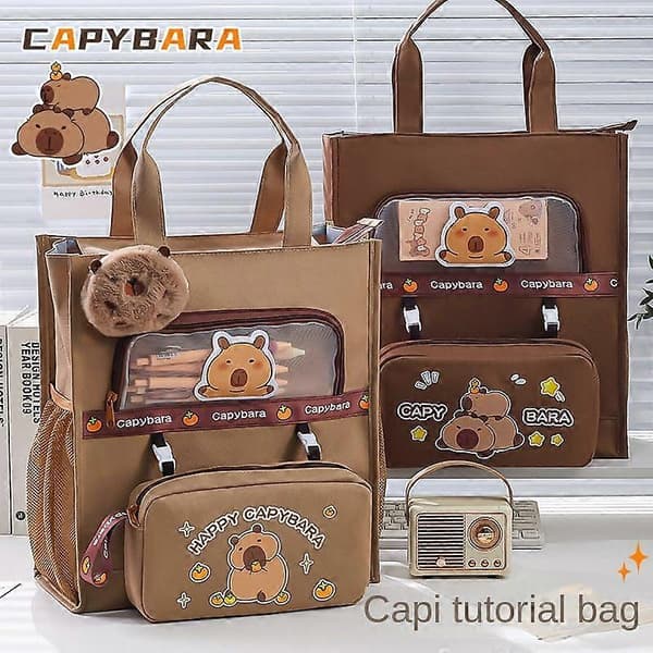 Student Homework Helper Bag Canvas Organizer File Bag Canvas Capybara Handbag with Large Capacity