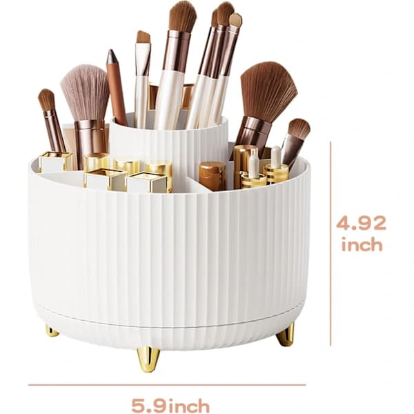 360 Rotating Pen Holder Desk Organizer with 5 Compartments ABS Storage Box for Home Office Makeup Accessories White White