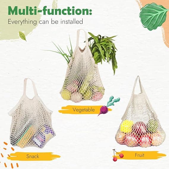 3 genanvendelige indkøbsposer, indkøbsposer i bomuldsnet
