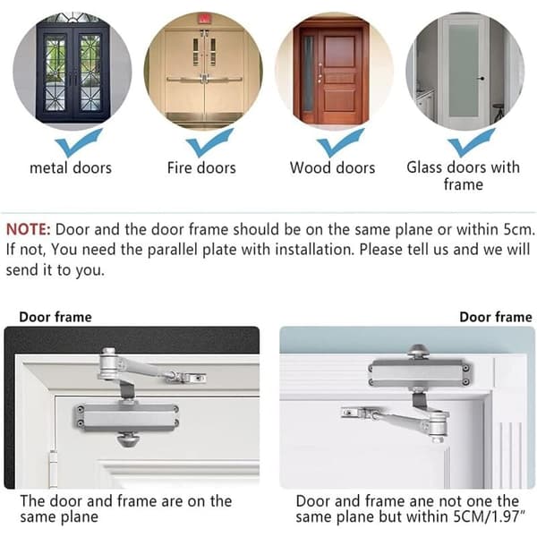 Automatic Hydraulic Door Closer with Adjustable Spring, 25-45 kg, Silver, for Commercial and Private Use