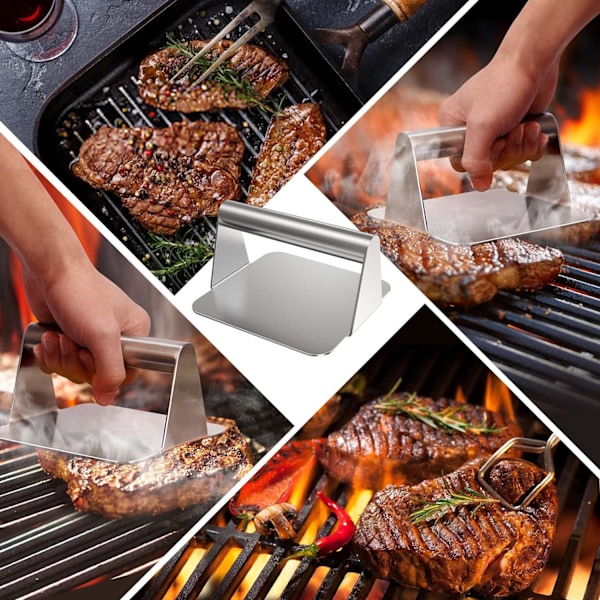 Hamburgarepress i rostfritt stål 304, Hamburgarepress, 5,5 tum kvadratisk köttpress, Hamburgarepress, Grillpress, för platt, fet BBQ, lätt att rengöra