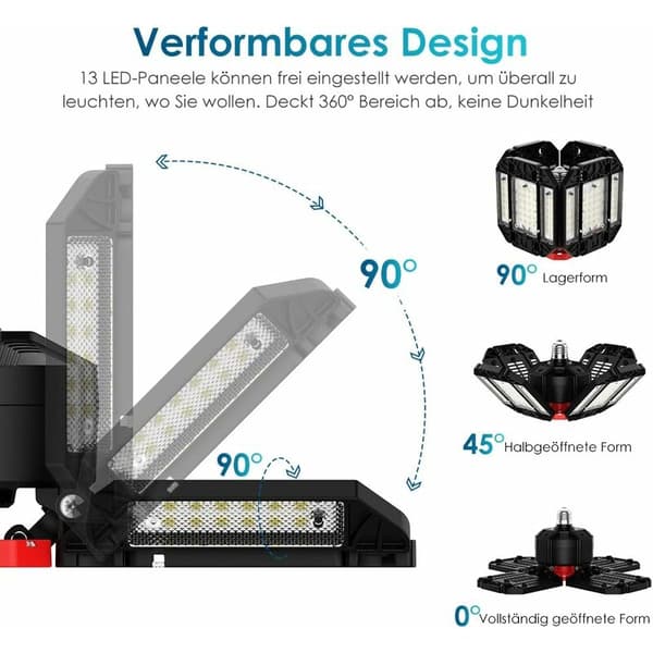 200W LED Workshop Light with 12 Adjustable Panels 6500K Deformable Ceiling Light 1 PC E26 E27 Compatible for Basement Shop Warehouse Garage Barn