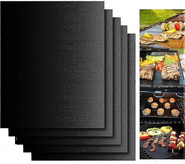 Sett med 5 Grillmatter for Grilling og Baking Barbecue, Teflon Grillmatte - Svart Grillmatte 33x40cm