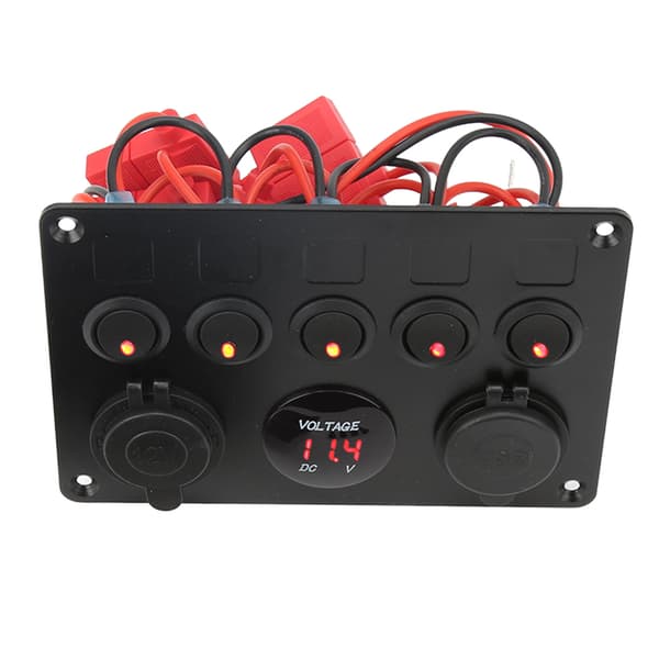 5-vejs afbryderpanel Vandtæt 12-24V LED-afbryderpanel med digital voltmeter Baggrundsbelyst til marinebåd Autocamper Trailer Lastbil Rød