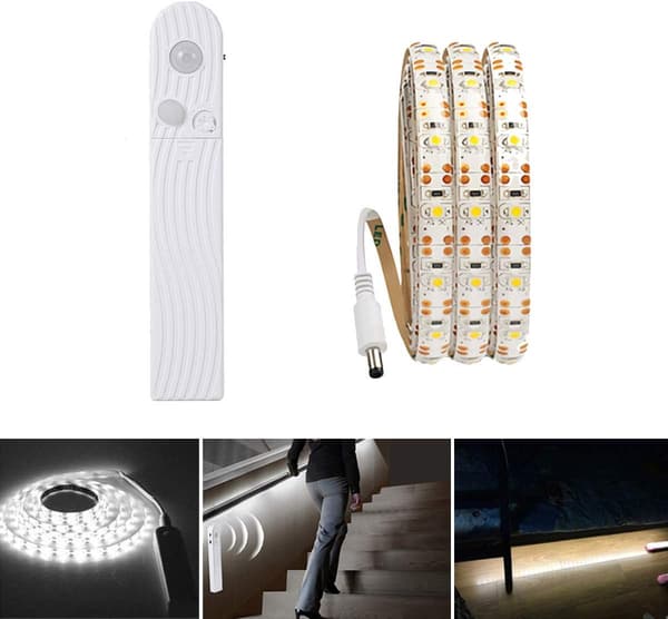 (Kaldhvit 6000K, 3m) Bevegelsessensor LED-stripe, Batteridrevet