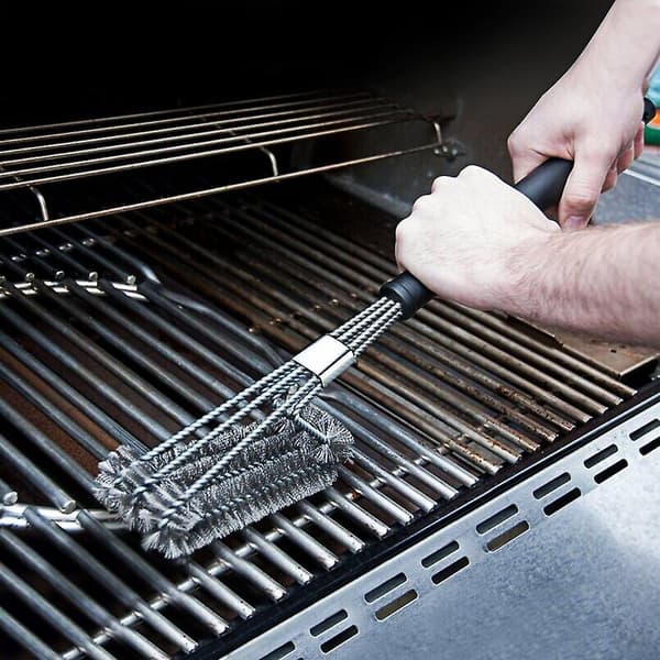 BBQ-børste, BBQ-rengjøringsbørste med skrape, rustfri børste, 18 tommer lang, svart