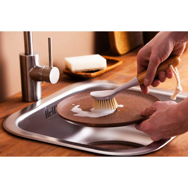 Suitable for Various Cleaning Tasks Bamboo Handle Dish Brush, Non-Scratch Bristles Kitchen Cleaning Tools, Odorless Built-in Scraper