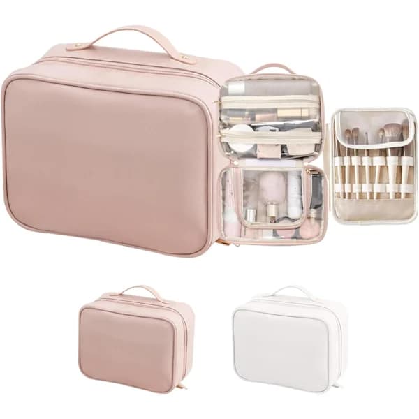 Makeup Rejsetaske, Makeup Organizer med Flere Rum, Toilettaske, Rosa PINK