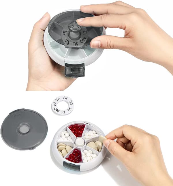 Pilleboks, bærbar 7-dagers pilleetui, roterende pilleboks for