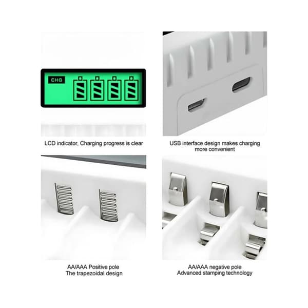 LCD005 Smartlader for AA/AAA-batterier - 4 plasser - LCD-skjerm - USB-C/Micro-USB - Hurtiglading - Lengde: 9,3 cm / Bredde: 6,3 cm / Høyde: 2,7 cm