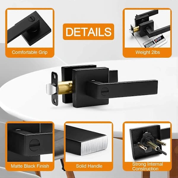 6-pack Matt Black Privacy Keyless Square Reversible Flat Door Handles for Bedroom Bathroom White
