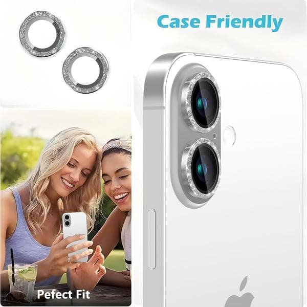 Kamerabeskytter for iPhone 16 / iPhone 16 Plus, Individuelle linsedeksler med glitterdekorasjon, Ultratynn, Sølv