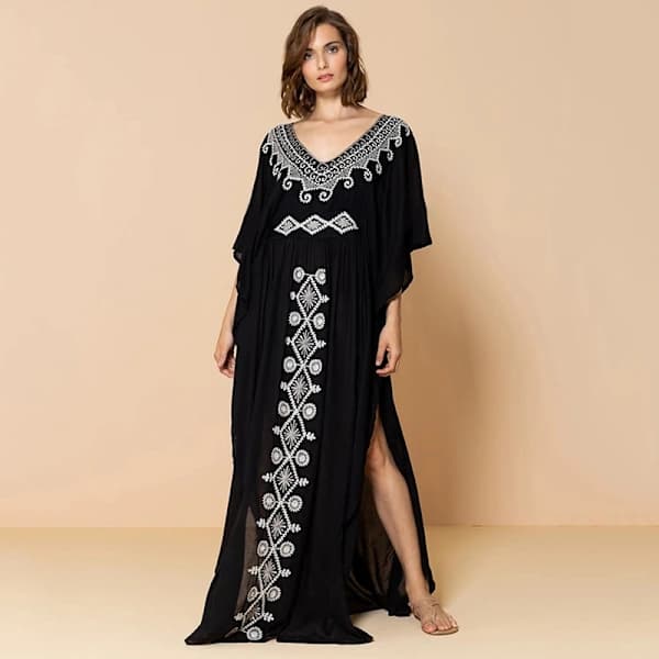 Kaftan Loungewear til Kvinder Strand Chiffon Overtræk 3/4 Ærme V-hals Broderet Løs Sideslids