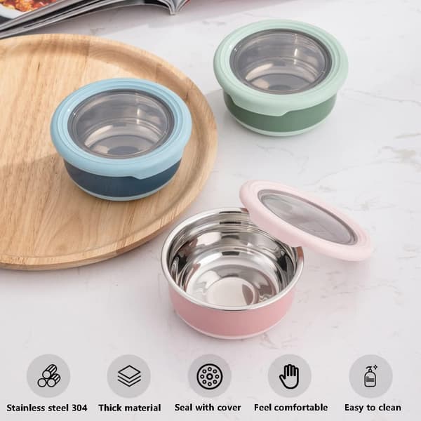 Home 220ML Dressingbeholder til krydderier, salatdressing, dips, dyppeskåle i rustfrit stål, mini madopbevaring med låg, sæt med 3