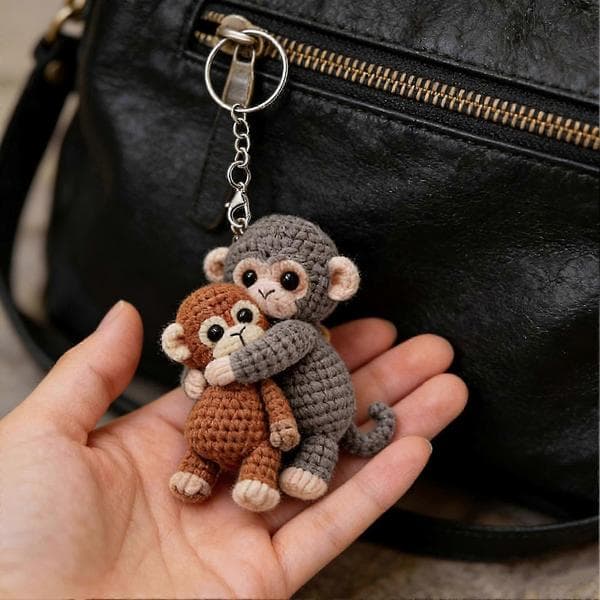 Crochet Monkey Keychain – Hand-Knitted Cute Bag Charm – for Backpack Handbag Emotional Support Gift