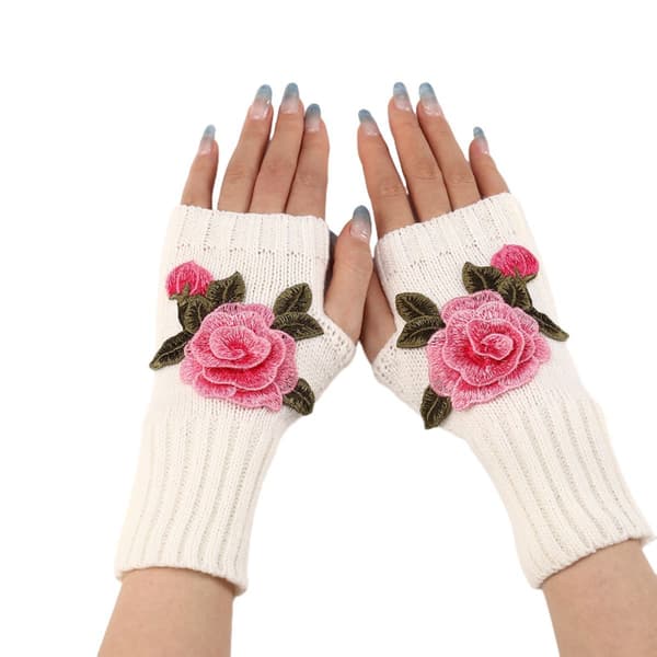 Vinterhansker uten fingre, halvfingerhansker, hvite + rosa blomst KLB