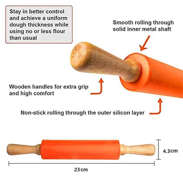 Mini Rolling Pin, 2-pack, Kids Size, Wooden Handle, Non-stick Silicone Rolling Pin for Home Kitchen, Kids Cake, 23 cm