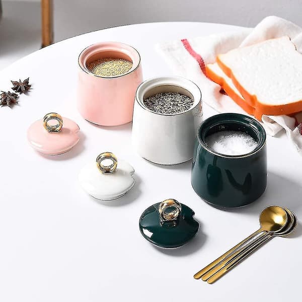 Dispenser Salt Container Ceramic Sugar Jar With Lid And Spoon (FMY)