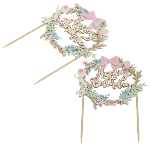 2 pcs Cake Toppers Pink Bow Glitter Exquisite Safe Degradable Happy Birthday Cake Topper