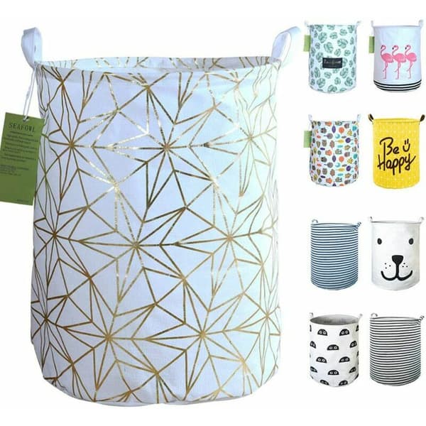 Laundry Basket Foldable Laundry Hamper, Large Round Waterproof Canvas Storage Basket. (gold stars)
