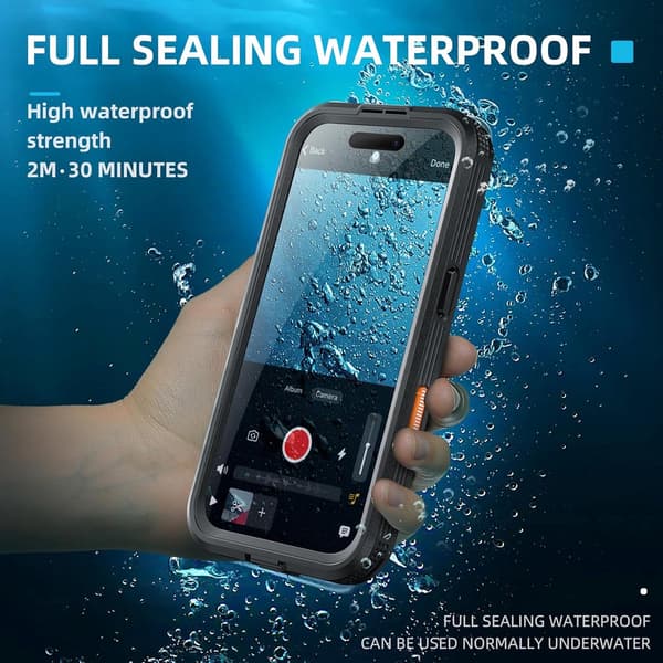Waterproof Outdoor Case for iPhone 16 - Underwater Diving Case with Wrist Strap - Sensitive Touchscreen - Black