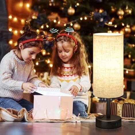 Dimmable Touch Bedside Lamp, Table Lamp with USB A+C+ Charging Port, Linen Shade, Lamp for Bedside Table, Living Room, Bedroom,