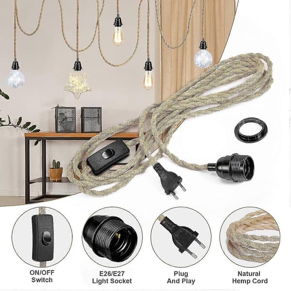 4,5 m 2-leder Linned Elektrisk Kabel, Med E27 Fatning Og Afbryder, Til DIY-lampe (uden Pære)