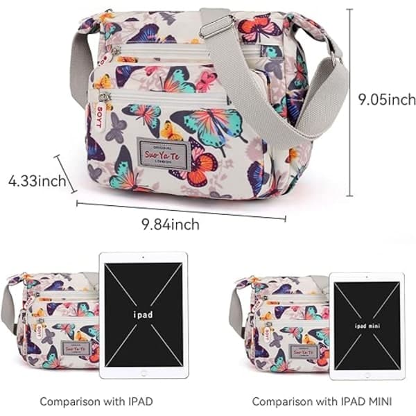 Dam Multi-Ficka Casual Crossbody Handväskor Vattentät Nylon Axelväskor (Fjäril-Vit)