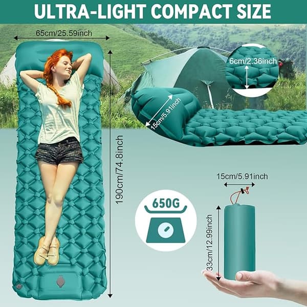 Portable Inflatable Camping Mattress with Pillow, Self-Inflating Beach Mat with Foot Pump