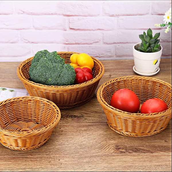 Woven Basket, 3 pcs Poly-Wicker Bread Storage Baskets for Food Fruit Vegetables, Shallow Store Supermarket Display Serving Restaurant Home Kitchen