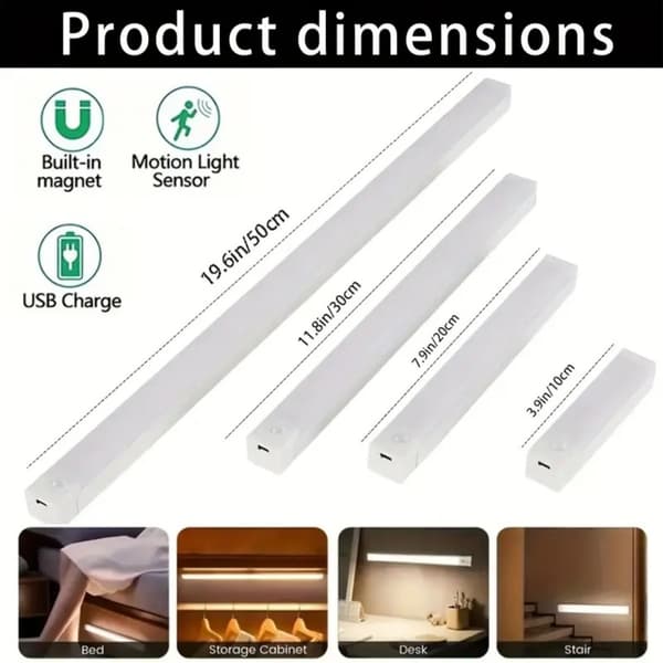 Oppladbar 20cm 2W bevegelsessensor LED-lampe for garderobe og skap, 4-pakning, hvit, USB-C, magnetisk montering, dimbar