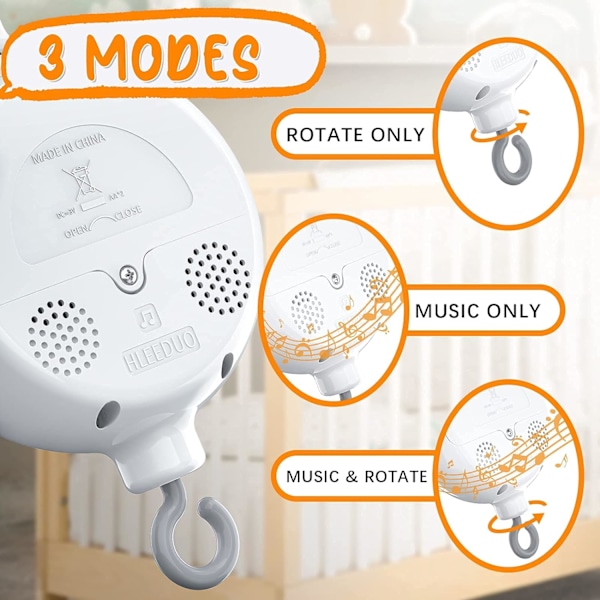 Sengemobil Motor, Baby Musikkboks Spinner med 3 Moduser Volumkontroll, Bærbar Lydmaskin, Automatisk Avstenging etter 30 Minutter, Batteridrevet
