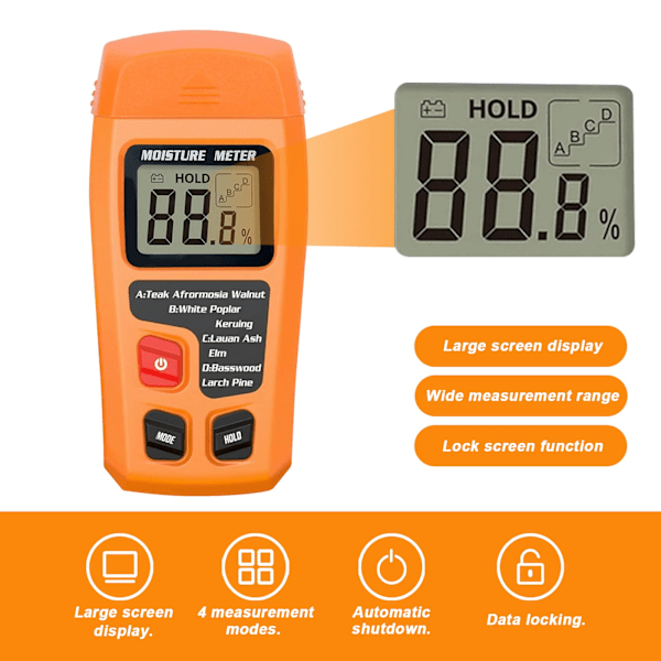 Wood Moisture Meter, Timber Moisture Meter with Backlit LCD Screen, 4 Measurement Modes, Leak Detector for Walls, RVs and Timber.