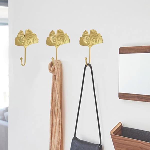 4 Hooks Decorative Leaf-Shaped Iron Hooks Ginkgo Leaf Wall Hooks Key Hooks Simple Coat Hook for Entryway Bathroom Gold