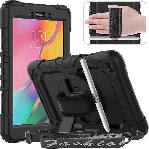 Robust Shockproof Protective Case for Samsung Galaxy Tab A 8.0\" 2019, Heavy Duty 3-Layer Protection with Screen Protector, 360° Rotatable Stand [DB]