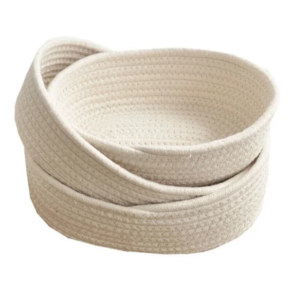 3-pack handwoven cotton storage baskets, foldable with lid for desk or coffee table, snacks, beige S M L