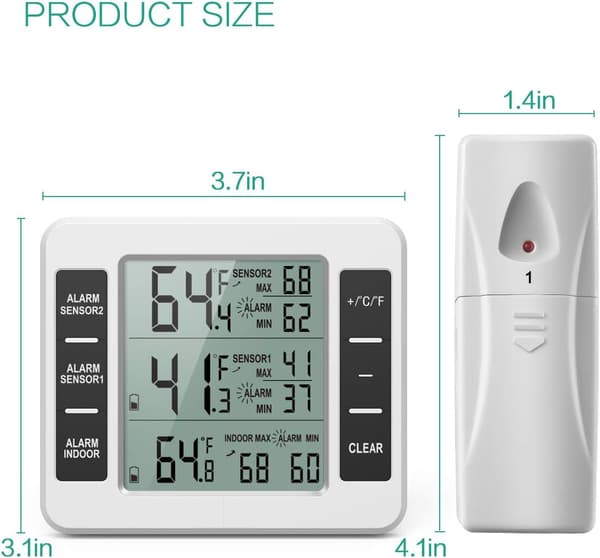 Refrigerator and Freezer Thermometer, Wireless Refrigerator Thermometer with 2 Sensors