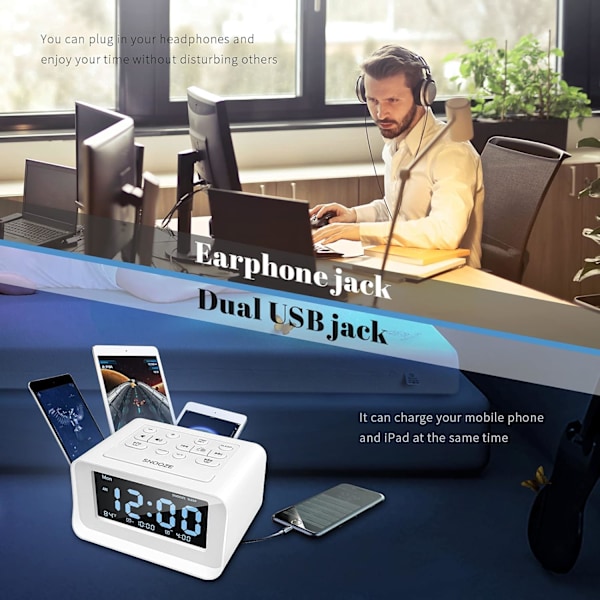 Dubbel Väckarklockradio, Digital Väckarklocka med 2 USB-laddningsportar, 0-100% Dimbar, Justerbar Volym, Inomhustermometer (Vit)