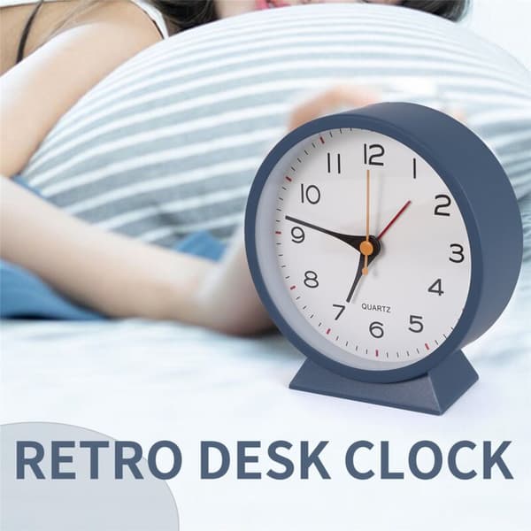 4.5 inch Antique Battery Operated Analog Alarm Clock, Small Silent Metal Bedside Desk Clock with Light (Blue)