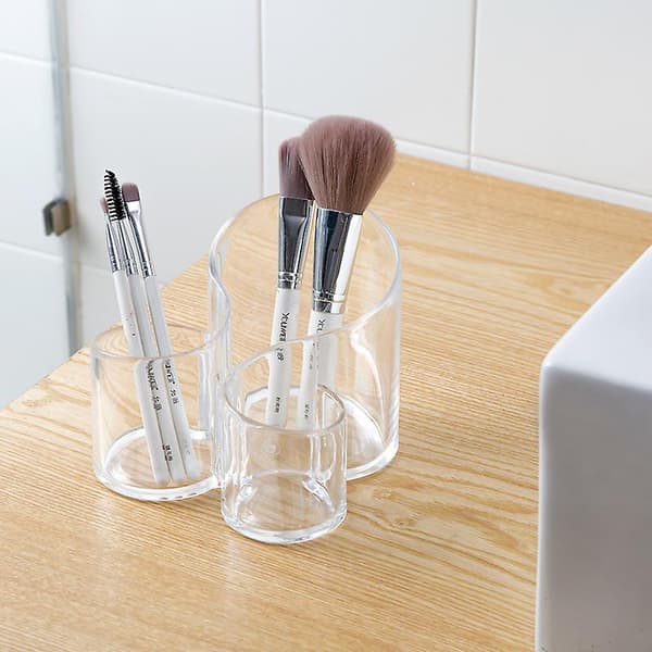 Makeupbørsteholder, 3 rum klar stor bølget akrylpenneholder, skrivebordsorganisator