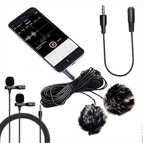 Dual-head Lavalier Lapel Microphone with 2 Windscreens for DSLR Camera Camcorders Tablet Smartphone Audio Recorder