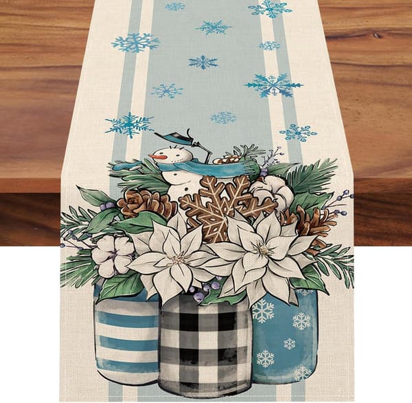 Winter Poinsettia Table Runner, Mason Jar Snowman Pine Cone Snowflake Blue Stripe Kitchen Dining Table Decoration 13x90 Inch