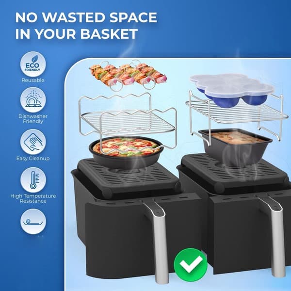 Airfryer-tilbehør til dobbeltkurv, Non-Stick Airfryer med pizzapande, spydstativ, æggebidsform, børste