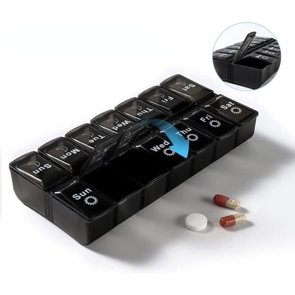 7-day pill organizer with 14 compartments Easy-open weekly medicine box in black
