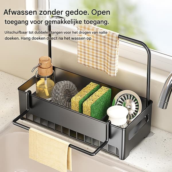 Dish Organizer with Towel Bar - Sponge Holder Kitchen - Countertop Storage Rack - For Sponges & Brushes